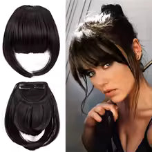 Leeons 81 couleur pince dans les cheveux frange postiche synthétique fausse frange morceau de cheveux pince dans les Extensions de cheveux fausse frange d'air émoussée noir